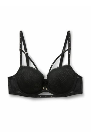 Schwarzer BH mit Spitzenstruktur, geformten Körbchen und dekorativen goldenen Nieten an den Trägern. Verfügt über ein elegantes Design und verstellbare Träger für eine optimale Passform.
