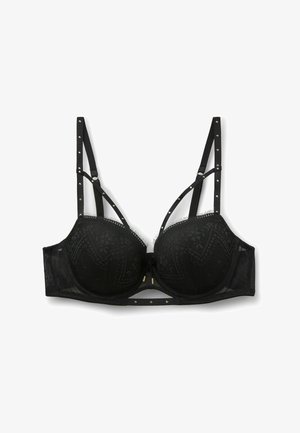 Soutien-gorge noir en dentelle, bonnets moulés et rivets dorés décoratifs sur les bretelles. Présente un design élégant et des bretelles ajustables pour un meilleur ajustement.
