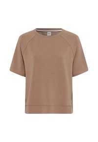 Brauner Kurzarm-Sweatshirt mit Rundhalsausschnitt, Raglanärmeln und geradem Saum. Weicher Stoff mit subtiler Textur und seitlichen Schlitzen.