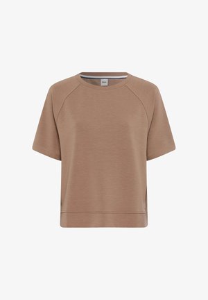 Bruine sweatshirt met korte mouwen, een ronde hals, raglanmouwen en een rechte zoom. Zachte stof met een subtiele textuur en zijsplitten.