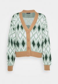 Zielony, biały i brązowy kardigan z wzorem diamentowym, dekoltem w serek i zapięciem na guziki. Miękki dzianinowy materiał z długimi rękawami.