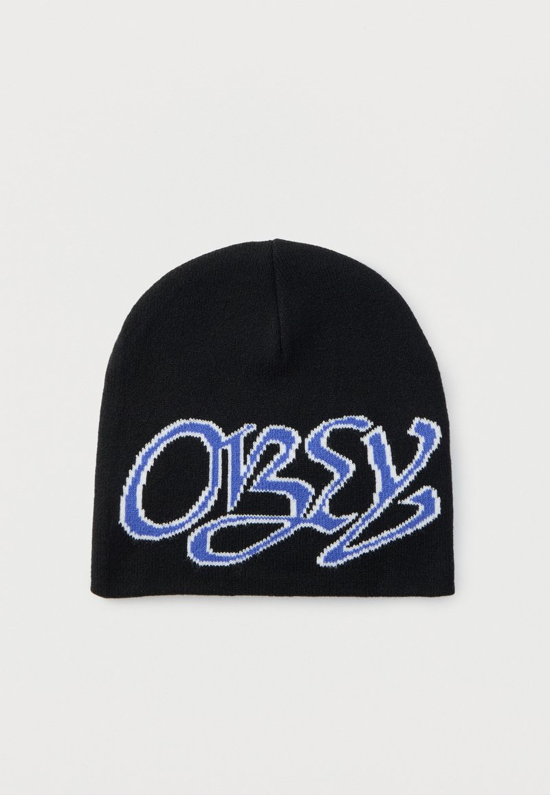 Czarna dzianinowa czapka typu beanie z wyraźnym napisem „OBEY” w niebiesko-białej, artystycznej czcionce. Miękki, elastyczny materiał, bezszwowa konstrukcja.