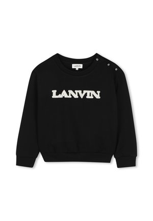 Sweat-shirt noir à manches longues avec logo LANVIN blanc sur le devant et trois boutons argentés sur l'épaule gauche.