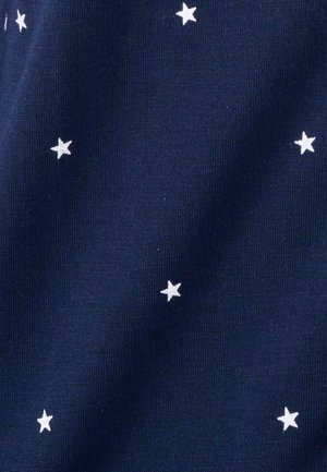 Tessuto navy con piccoli motivi a stelle bianche, texture liscia e design uniforme. Il materiale appare morbido e flessibile.
