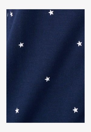 Marineblauem Stoff mit kleinen weißen Sternmustern, glatter Textur und einheitlichem Design. Das Material wirkt weich und geschmeidig.