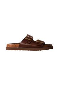 Sandale mule en cuir marron avec deux brides ajustables à boucle et une semelle intérieure en liège sur une semelle en caoutchouc, vue de côté.