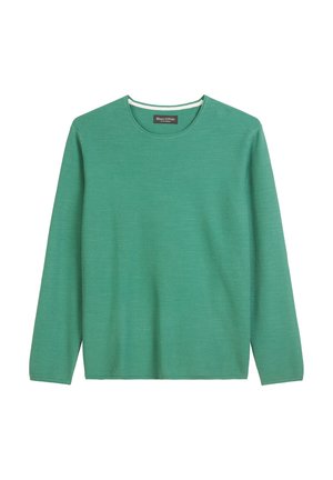 Maglietta verde a maniche lunghe realizzata in tessuto testurizzato, con scollatura rotonda e vestibilità rilassata. Etichetta con la scritta "MARC O'POLO."