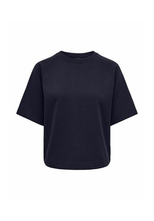 Sort kortærmet cropped sweatshirt med rund halsudskæring og raglanærmer, vist på hvid baggrund.