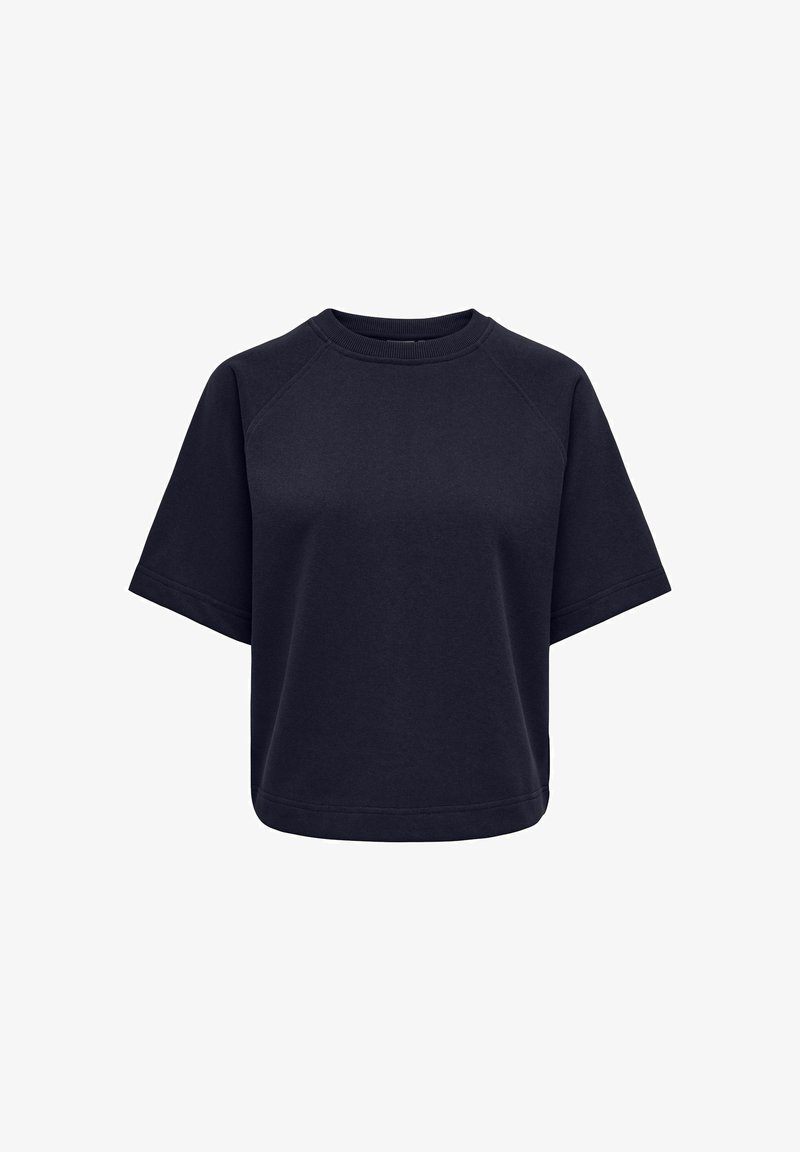 Sweat court noir à manches courtes avec encolure ronde et manches raglan, présenté sur fond blanc.