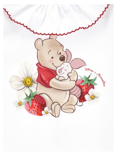 Winnie l'ourson câlinant Porcinet, entourés de fraises et de fleurs blanches au centre jaune sur un fond en tissu blanc.