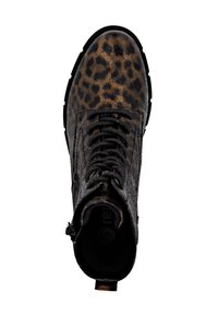 Stivaletti alla caviglia con stampa leopardata in pelle nera e marrone, con una finitura testurizzata, dotati di lacci e una cerniera laterale per una facile vestibilità.