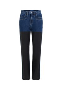 Džins hlače z zgornjim delom v temno modri barvi, ki prehaja v enotno črno spodnji del, ravno rezane, z tradicionalnim pet-žepnim stilom.