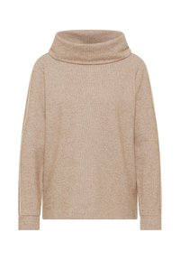 Suéter de punto beige con canalé, cuello vuelto ancho, mangas largas y puños ajustados. Presenta una textura sutil y un diseño minimalista sin adornos.