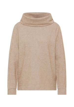 Beiger, gerippter Strickpullover mit weitem Rollkragen, langen Ärmeln und enganliegenden Bündchen. Verfügt über eine dezente Textur und ein minimalistisches Design ohne Verzierungen.