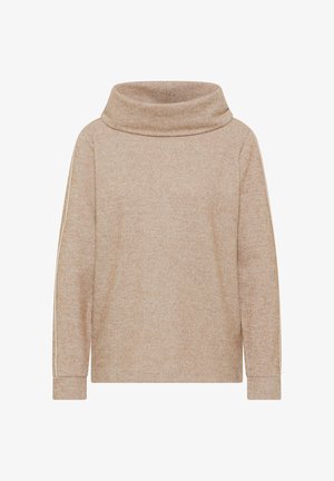 Beżowy prążkowany sweter dziany z szerokim kapturem, długimi rękawami i dopasowanymi mankietami. Charakteryzuje się subtelną fakturą i minimalistycznym wzorem bez ozdób.