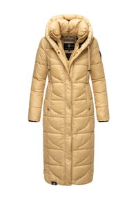 Long, beige puffer coat with a large hood, zip closure, and side pockets. Features quilted design and logo patch on the left sleeve.