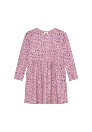 Langärmliges Kleid in Hellrosa mit floralem Muster in Lila- und Blautönen. Weicher Stoff, tailliert, Rundhalsausschnitt.