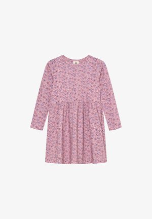 Robe à manches longues de couleur rose clair avec un motif floral incluant des accents violets et bleus. Tissu doux, taille froncée, encolure ronde.