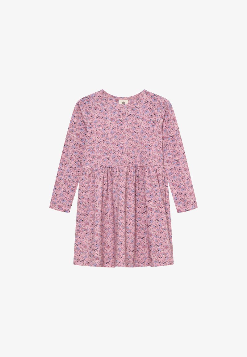 Robe à manches longues de couleur rose clair avec un motif floral incluant des accents violets et bleus. Tissu doux, taille froncée, encolure ronde.