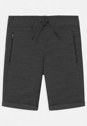 Mørkegrå strikkede shorts med opsmøgede kanter, elastisk talje, sort snøre og to lodrette lynlåslommer i siderne.