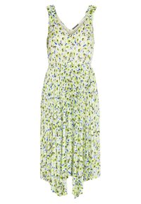 Ärmelloses V-Ausschnitt-Plissee-Midikleid mit gelbem, blauem und grünem Blumenmuster und asymmetrischem Saum auf weißem Hintergrund.
