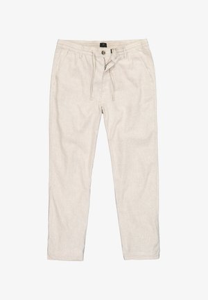 Lysebeige afslappede bukser med forlommer, knaplukning og snøre-detalje i taljen, vist fladt på en hvid baggrund.