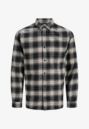 Sort og creme ternet skjorte lavet af vævet stof. Har lange ærmer, en spids krave og knaplukning foran med en brystlomme.