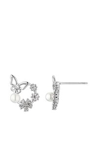 Sølvøreringer med sommerfugldesign, prydet med små blomster og en perleaccent. Funklende detaljer og strukturert metall.
