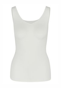 White sleeveless tank top made of smooth, stretchy fabric. Features a rounded neckline and form-fitting shape. No visible hardware or patterns.