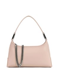 Borsa a tracolla in pelle rosa con finitura liscia, parte superiore curva e lungo cinturino con dettaglio a catena argentata. Forma rettangolare compatta.