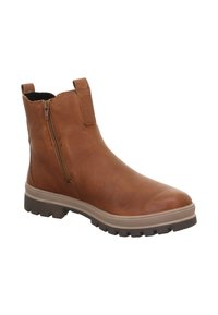 Bottine en cuir marron avec double fermeture éclair latérale, surface texturée, bout arrondi et semelle extérieure en caoutchouc contrastée avec rainures antidérapantes.