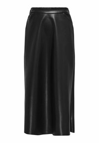 Černá kožená sukně s elastickým pasem, dlouhá, se bočními rozparky a hladkým, lesklým povrchem. Minimalistický design bez viditelných prvků.