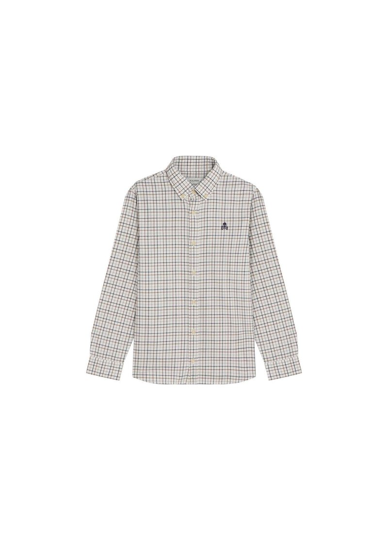 Camisa de botón de manga larga en blanco con un patrón de cuadros multicolores, que presenta un collar clásico y un pequeño logo bordado en el pecho.