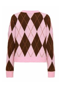 Pruunide ja roosade teemantmustriga kampsun, millel on pehme tekstuur, ümmargune kaelus ning soonilised varrukaservad ja ääred. Vöökohal lühendatud lõige.