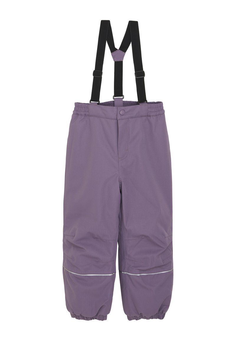 Lila wasserdichte Hose mit verstellbaren schwarzen Trägern, elastischem Bund und gerafften Bündchen. Mit reflektierenden Streifen nahe dem Saum.