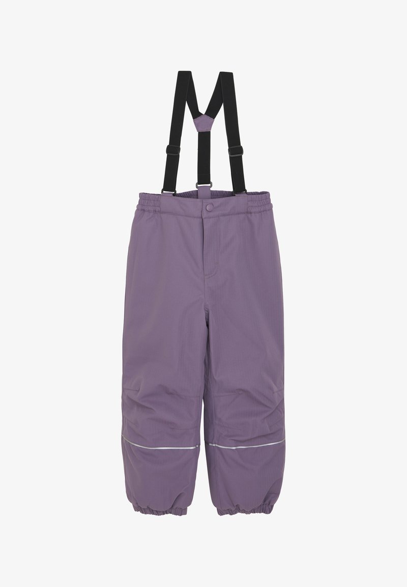 Lila wasserdichte Hose mit verstellbaren schwarzen Trägern, elastischem Bund und gerafften Bündchen. Mit reflektierenden Streifen nahe dem Saum.