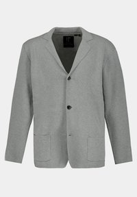 Cardigan gris con cuello de pico, cierre de un solo botón, dos bolsillos frontales y tejido de punto texturizado.