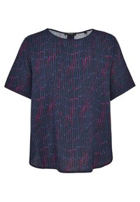 Marineblauw T-shirt met korte mouwen, voorzien van een geometrisch patroon in roze en paarse tinten, met een losse pasvorm en een ronde halslijn. Zachte stoftextuur.