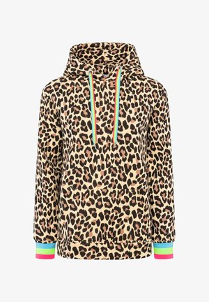 Beige Kapuzenpulli mit Leopardenmuster, ausgestattet mit einer Kängurutasche, Schnürzügen in Blau und Pink sowie bunten, gestreiften Bündchen. Weiche Stoffstruktur.