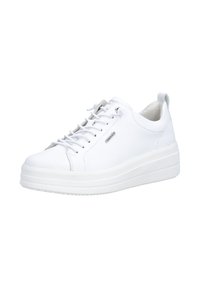 Weißer Ledersneaker mit dicker Plateausohle, Schnürdesign und Zuglasche an der Ferse, schräg gestellt, um die Außenseite und Vorderseite zu zeigen.