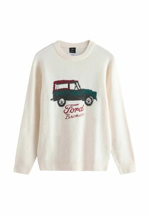 Kremowy sweter z plecionym wzorem Forda Bronco, ozdobiony w kolorze turkusowym i czerwonym, z tekstem "Ford Bronco" w kolorze burgundowym.