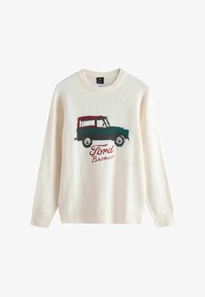 Kremowy sweter z plecionym wzorem Forda Bronco, ozdobiony w kolorze turkusowym i czerwonym, z tekstem "Ford Bronco" w kolorze burgundowym.