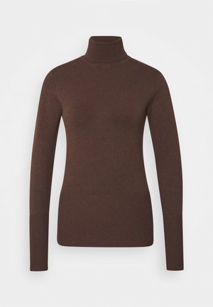 Ruskea pitkähihaine poolopaita, jossa on ribbireunat hihoissa ja helmassa, esillä valkoista taustaa vasten.