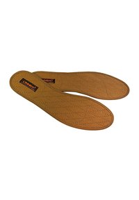 Brown insoles made of quilted material, featuring a slight arch, curved edges, and a logo label. Smooth texture with linear stitching pattern.