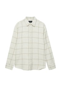 Camisa de botones de color claro con un patrón de cuadricula en beige, con cuello y mangas largas. Fabricada con un tejido texturizado.