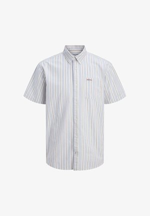 Rövid ujjú, gombos ing függőleges kék és bézs csíkokkal, valamint mellkasi zsebbel, amelyen kis hímzett szöveg található.