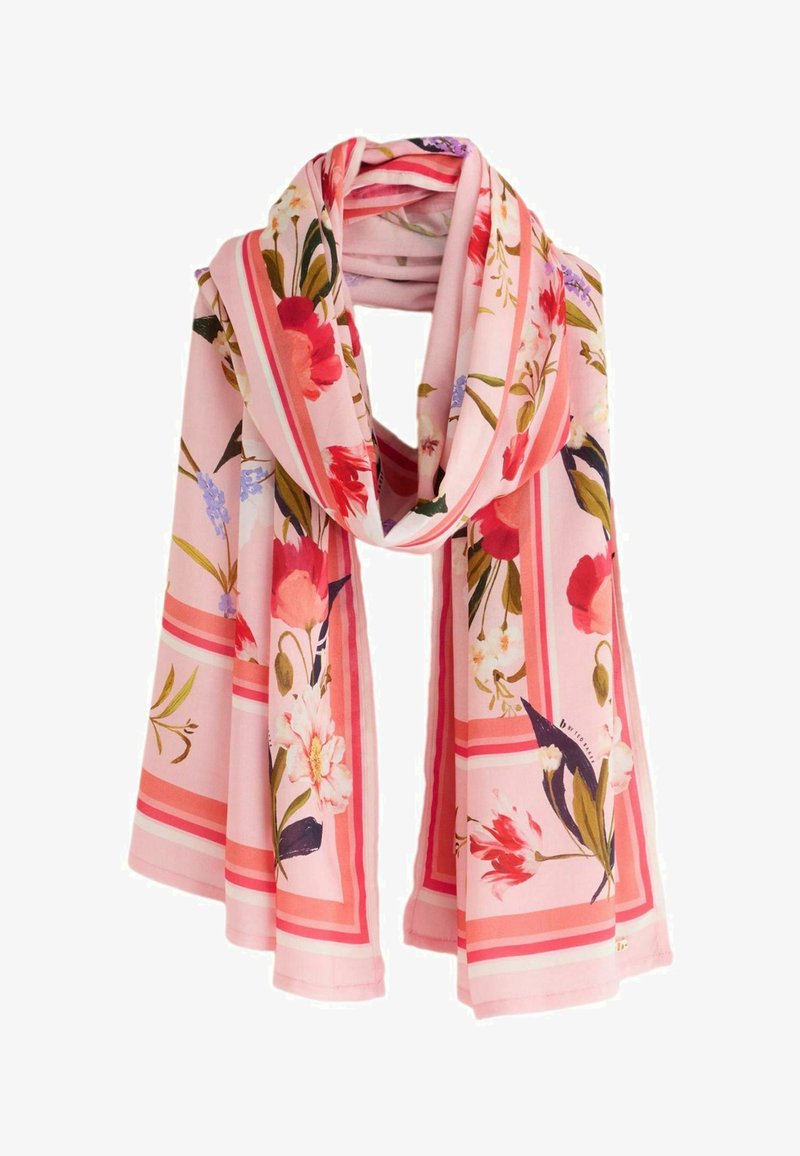 Écharpe rose clair avec motifs floraux rouges et violets et bordure rayée corail, drapée et pliée librement.