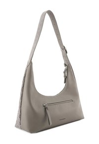 Borsa a spalla in pelle grigia con finitura liscia, lato intessuto e tasca frontale con zip. Dotata di una tracolla piatta e regolabile.