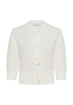 Cardigan en maille blanche avec motif en losange, boutons en forme de fleurs tridimensionnelles, poignets et ourlet côtelés, manches trois-quarts.