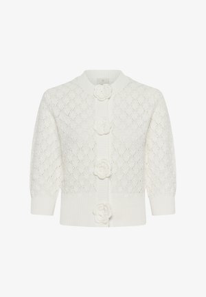 Cardigan en maille blanche avec motif en losange, boutons en forme de fleurs tridimensionnelles, poignets et ourlet côtelés, manches trois-quarts.